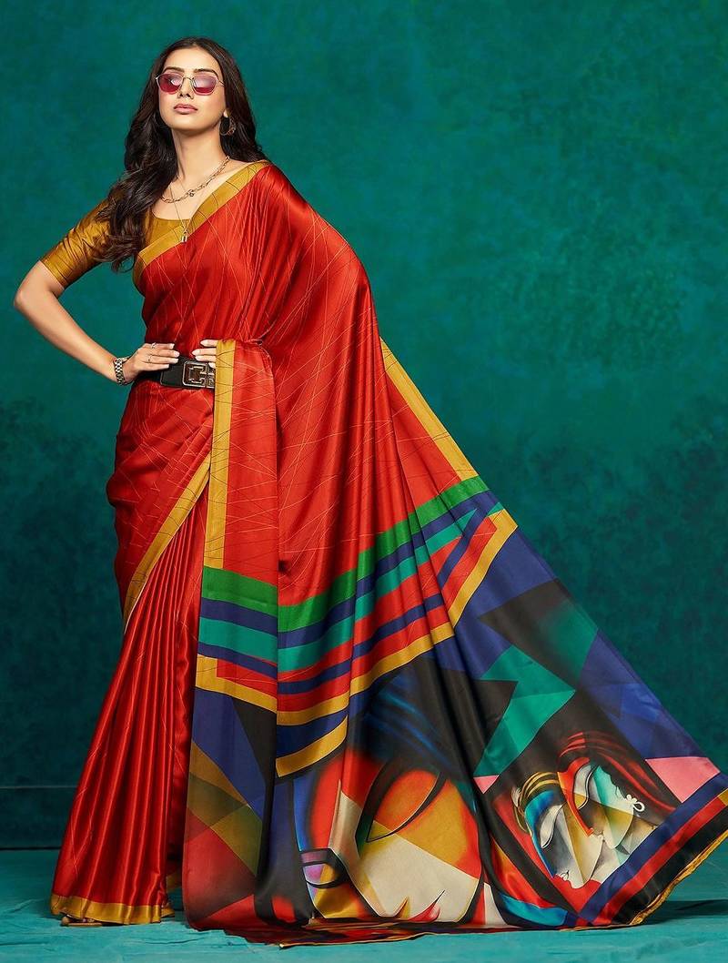 Red printed satin fashion saree with blouse piece