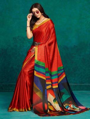 Red printed satin fashion saree with blouse piece 2