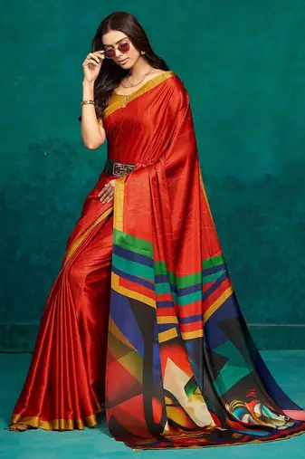Red printed satin fashion saree with blouse piece