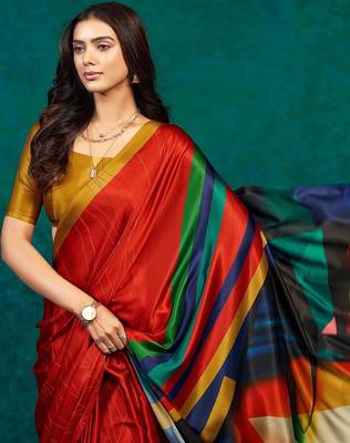Red printed satin fashion saree with blouse piece 3