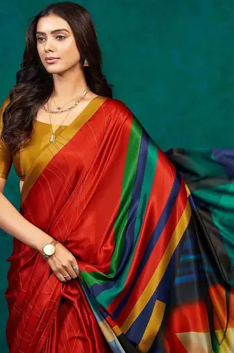 Red printed satin fashion saree with blouse piece