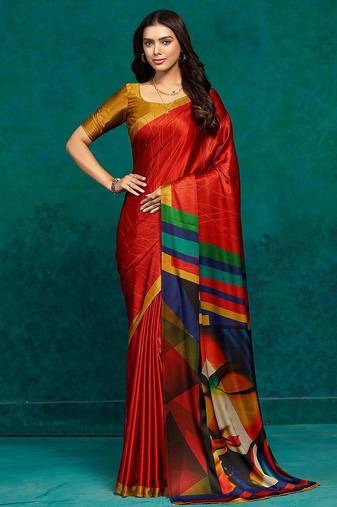 Red printed satin fashion saree with blouse piece
