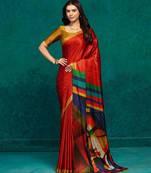 Red printed satin fashion saree with blouse piece