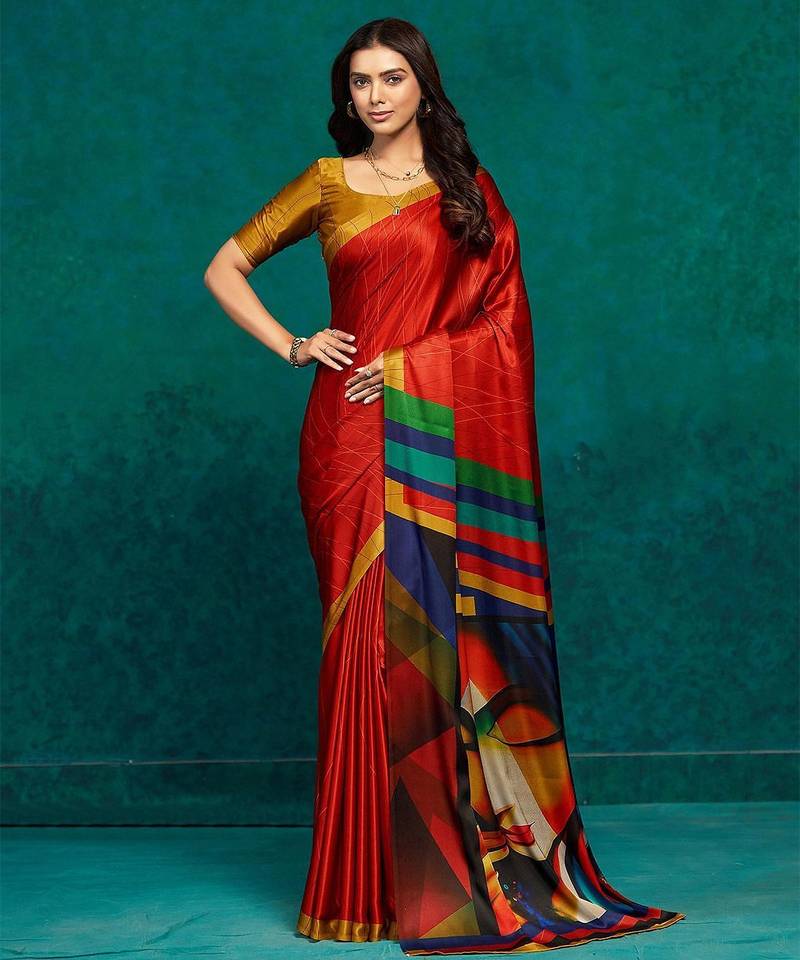 Red printed satin fashion saree with blouse piece