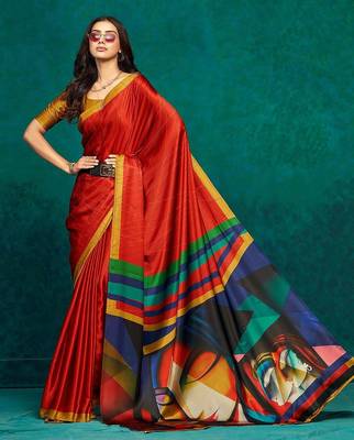 Red printed satin fashion saree with blouse piece 2
