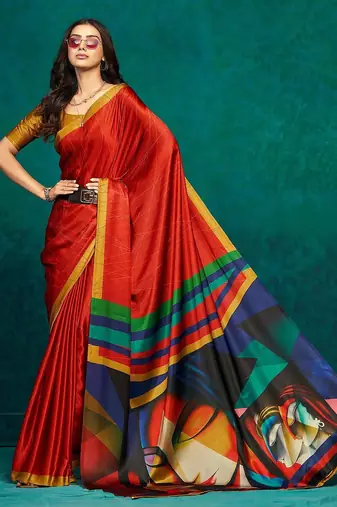 Red printed satin fashion saree with blouse piece