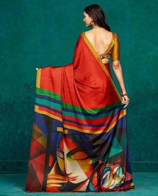 Red printed satin fashion saree with blouse piece 3