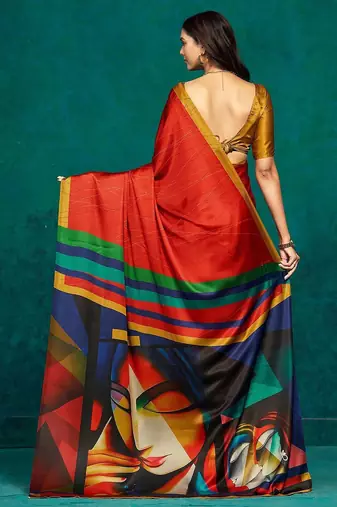 Red printed satin fashion saree with blouse piece