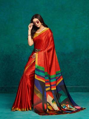 Red printed satin fashion saree with blouse piece 4