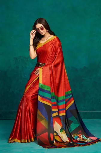 Red printed satin fashion saree with blouse piece