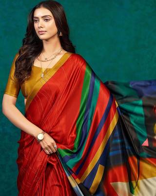 Red printed satin fashion saree with blouse piece 5