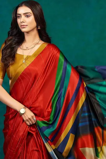 Red printed satin fashion saree with blouse piece