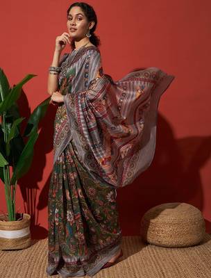 Green elegant printed silk cotton saree with blouse piece 1
