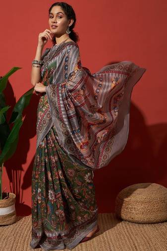 Green elegant printed silk cotton saree with blouse piece