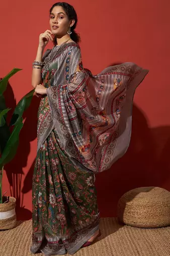 Green elegant printed silk cotton saree with blouse piece