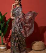 Green elegant printed silk cotton saree with blouse piece