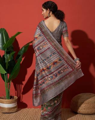 Green elegant printed silk cotton saree with blouse piece 2