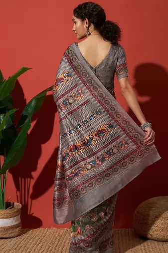 Green elegant printed silk cotton saree with blouse piece