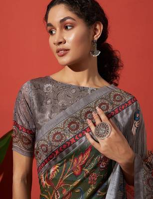 Green elegant printed silk cotton saree with blouse piece 4