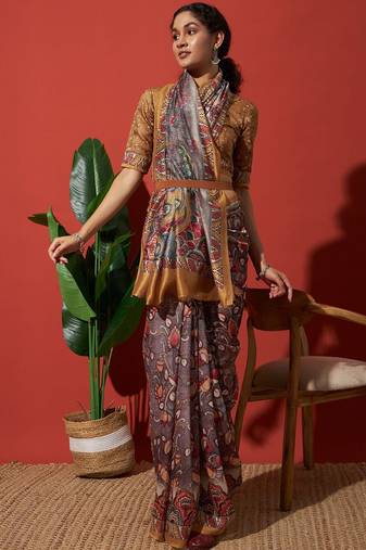 Brown elegant printed silk cotton saree with blouse piece