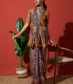Brown elegant printed silk cotton saree with blouse piece