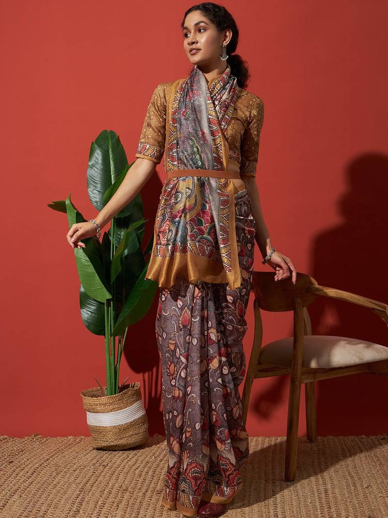 Brown elegant printed silk cotton saree with blouse piece
