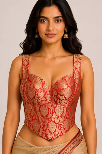 Red zari woven jacquard silk designer readymade saree blouse for women wedding bridal party wear