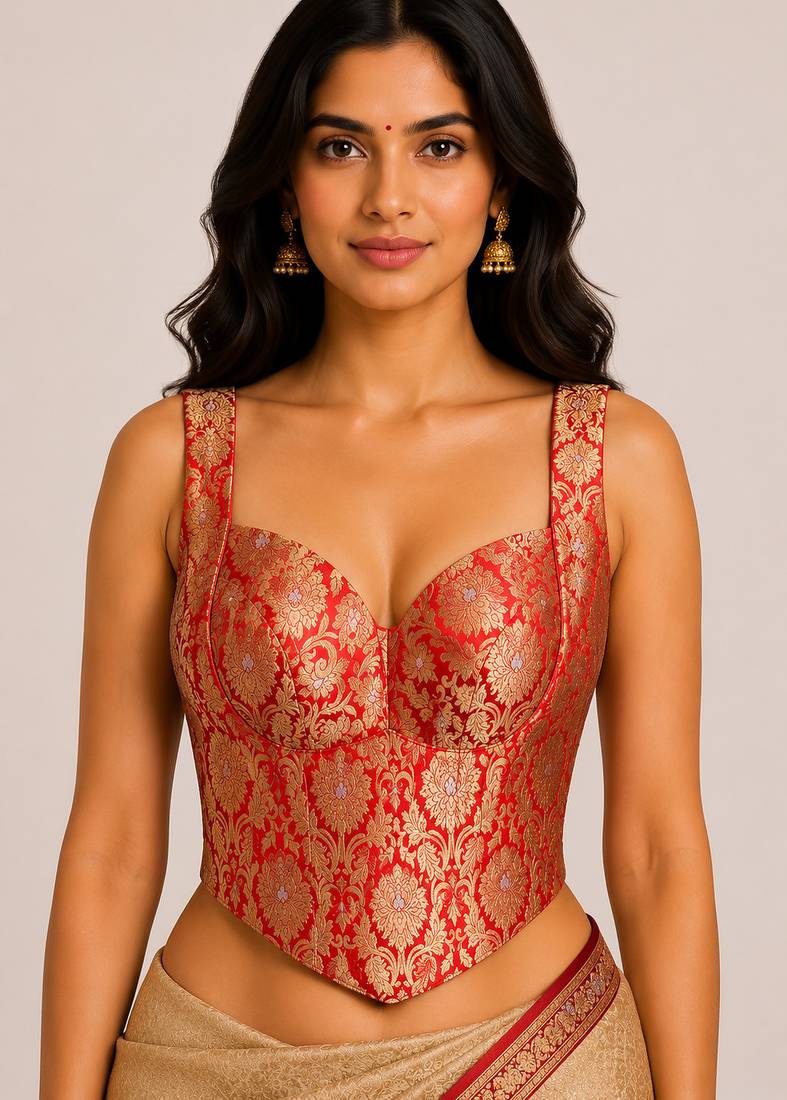 Red zari woven jacquard silk designer readymade saree blouse for women wedding bridal party wear