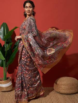 Brown elegant printed silk cotton saree with blouse piece 2