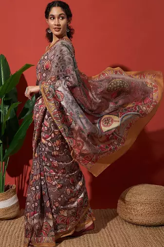 Brown elegant printed silk cotton saree with blouse piece