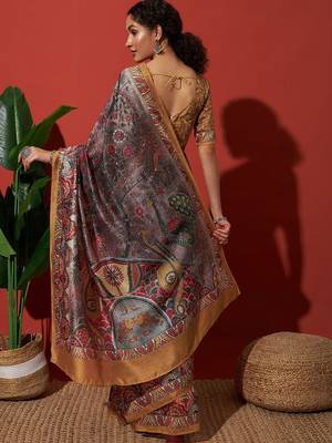 Brown elegant printed silk cotton saree with blouse piece 3