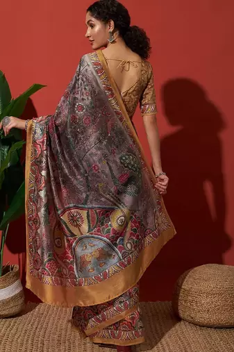 Brown elegant printed silk cotton saree with blouse piece
