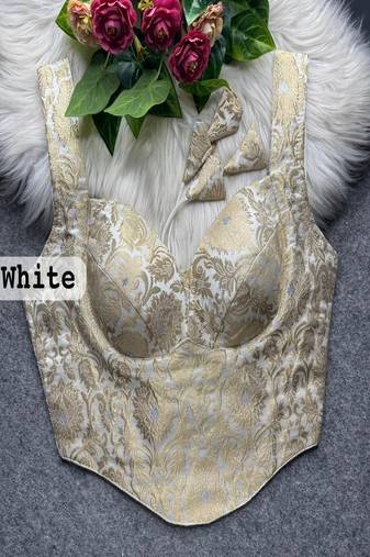 White jacquard silk designer readymade saree blouse for women | bridal wedding party wear padded blouse