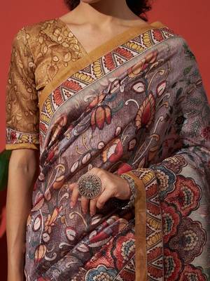 Brown elegant printed silk cotton saree with blouse piece 4