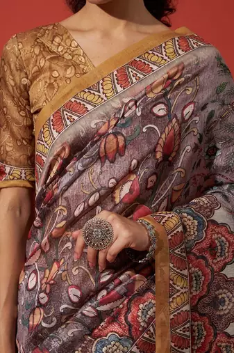 Brown elegant printed silk cotton saree with blouse piece