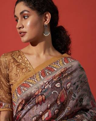 Brown elegant printed silk cotton saree with blouse piece 5