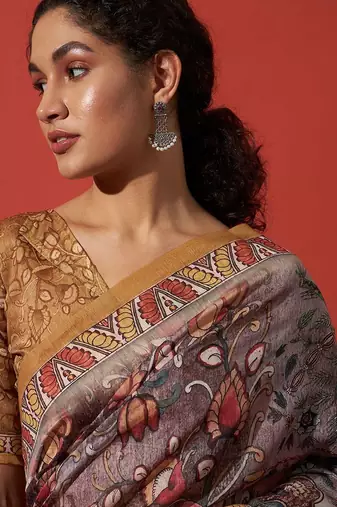 Brown elegant printed silk cotton saree with blouse piece