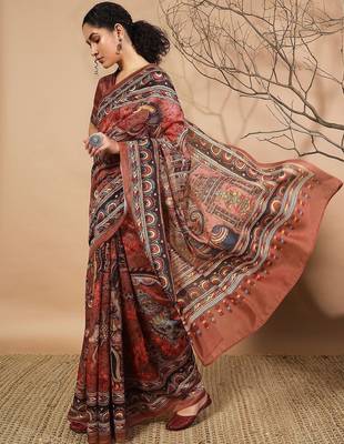 Brown elegant printed silk cotton saree with blouse piece 1