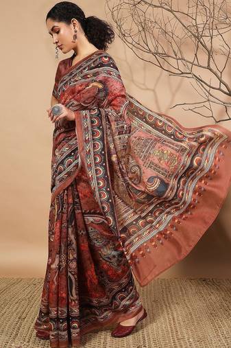Brown elegant printed silk cotton saree with blouse piece