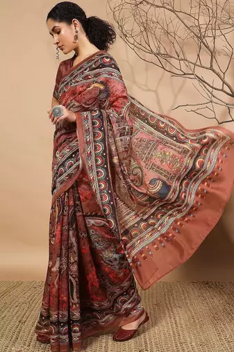 Brown elegant printed silk cotton saree with blouse piece