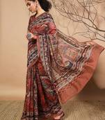 Brown elegant printed silk cotton saree with blouse piece