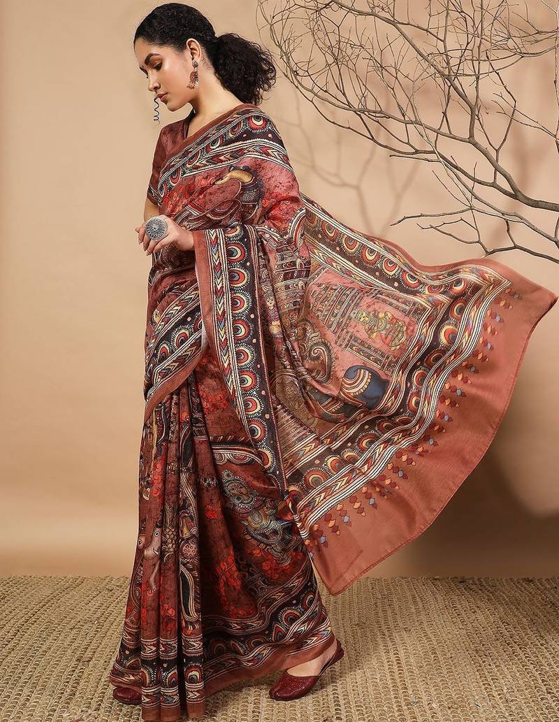Brown elegant printed silk cotton saree with blouse piece