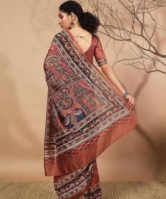 Brown elegant printed silk cotton saree with blouse piece 2