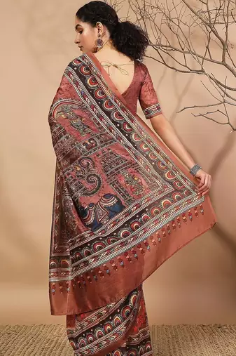 Brown elegant printed silk cotton saree with blouse piece