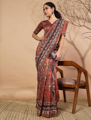 Brown elegant printed silk cotton saree with blouse piece 3