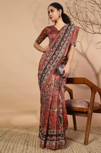 Brown elegant printed silk cotton saree with blouse piece
