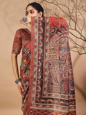 Brown elegant printed silk cotton saree with blouse piece 4
