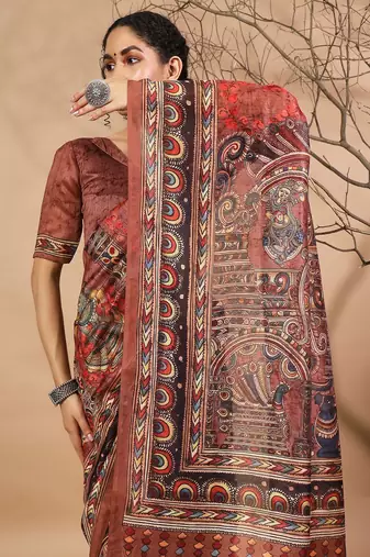 Brown elegant printed silk cotton saree with blouse piece