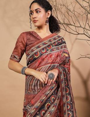 Brown elegant printed silk cotton saree with blouse piece 5