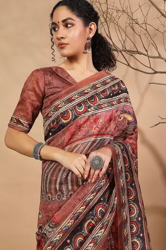 Brown elegant printed silk cotton saree with blouse piece